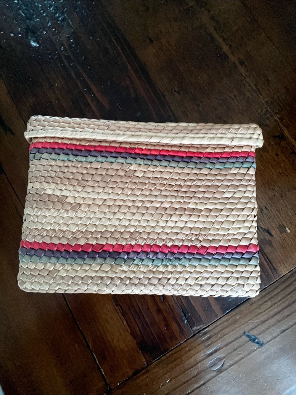 Woven Straw Clutch with Red and Gray Stripes